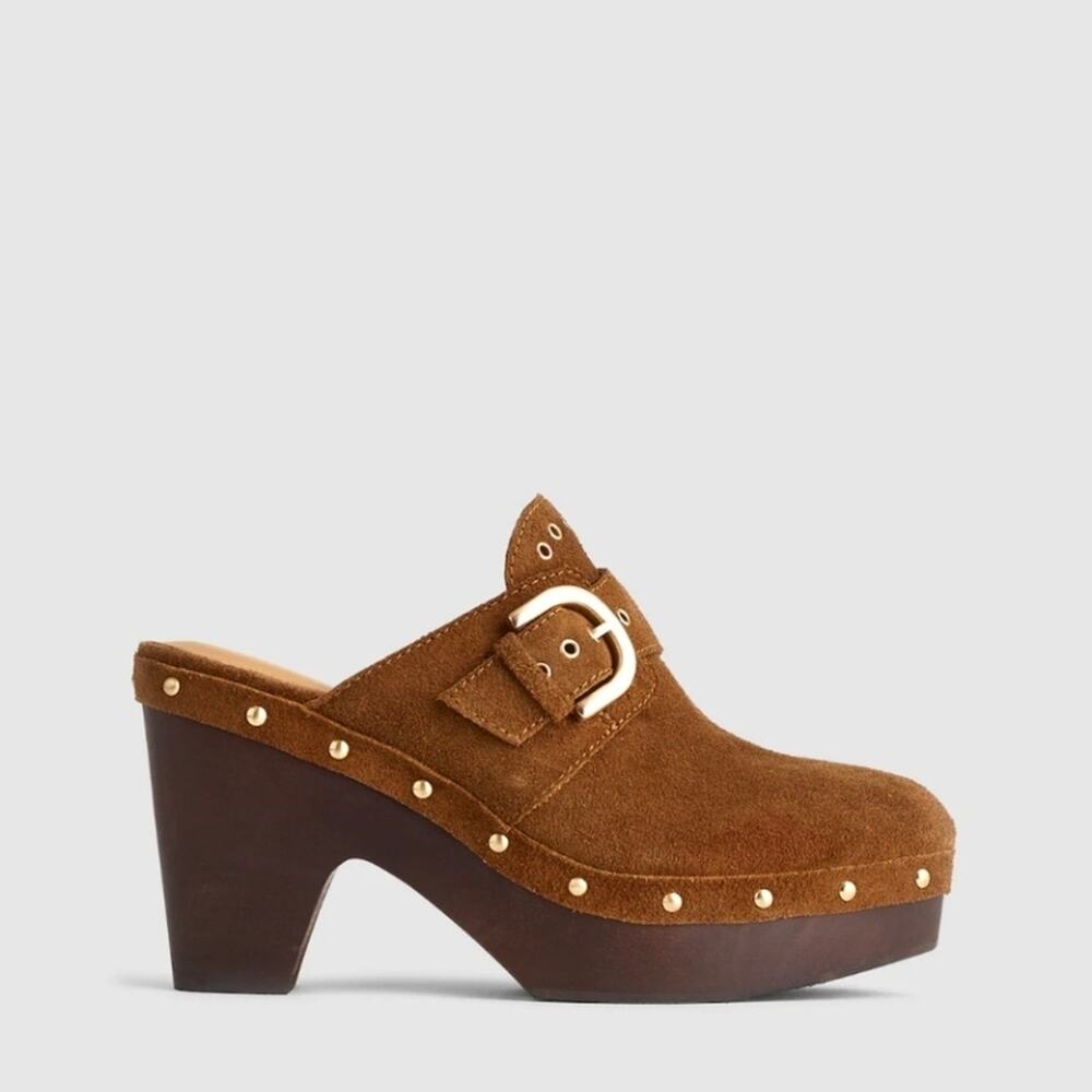 Madewell Wes Brown Suede Buckle Strap Studded Wooden Clog Mule Platform Heel 9